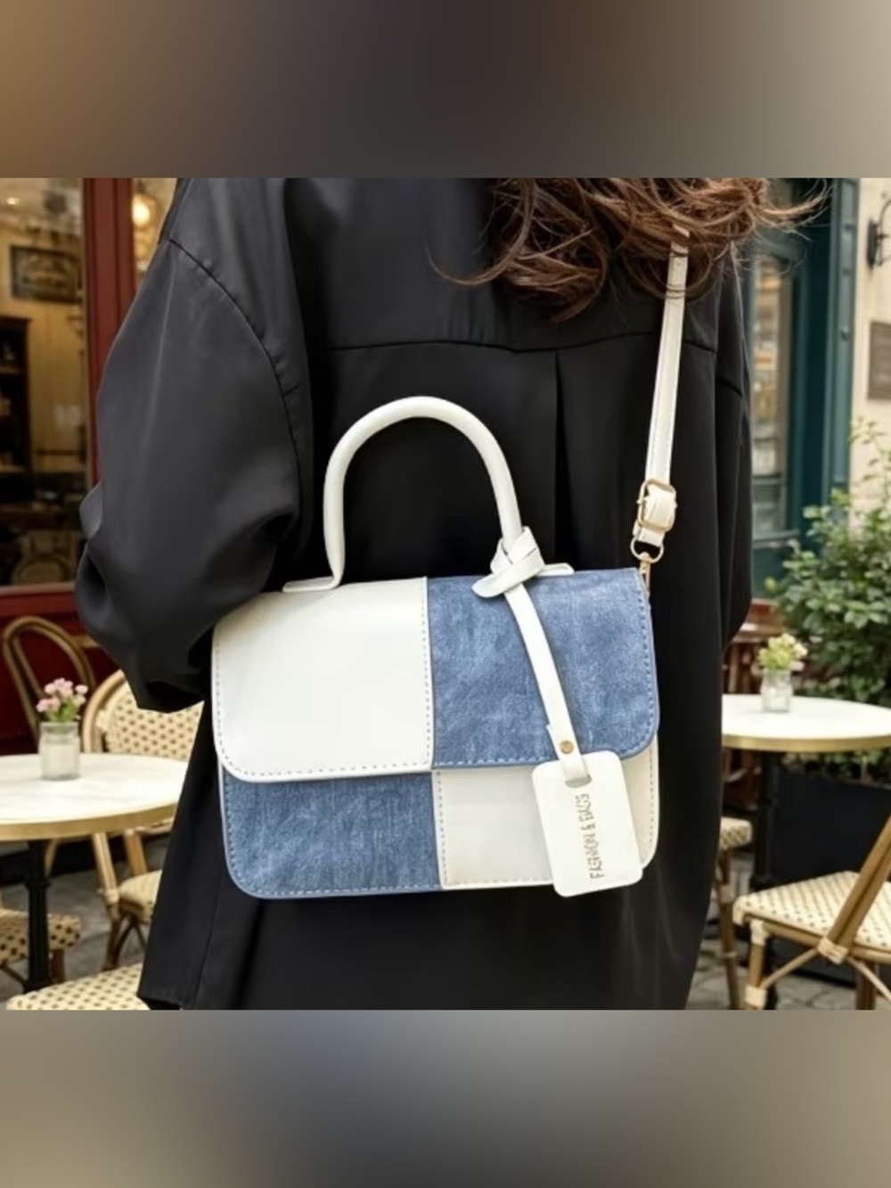 Two-Tone White and Denim Patchwork Top-Handle Crossbody Bag